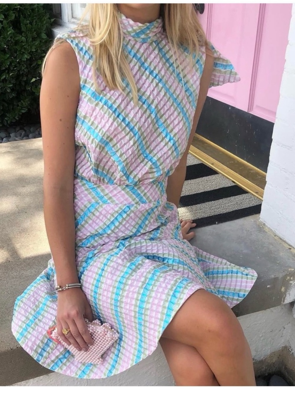 Tish Cox Blue & White Gingham Mini Dress with Neck Tie - Picture 7 of 7